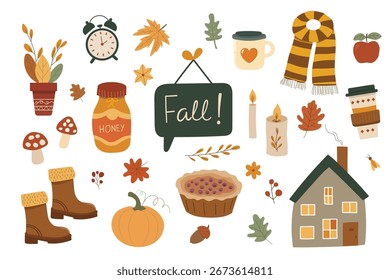 Herbst Clipart Paket mit Haus, Kuchen, Kerzen und Blattwerk
