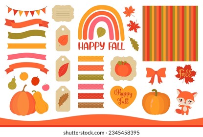 Fall clipart flat design. Autumn Thanksgiving icons. Pumpkins, leaves, cute cartoon fox. Lettering text. Fall ribbon banners and gift tags. Autumn colors. For greeting card, social media, scrapbook. - Shutterstock ID 2345458395