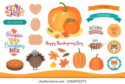 Fall clipart set flat design. Autumn Thanksgiving icons. Pumpkins, leaves, pumplin spice pie, cartoon turkey, woodland animals . Autumn compositions with lettering calligraphy. Fall banners and tags.