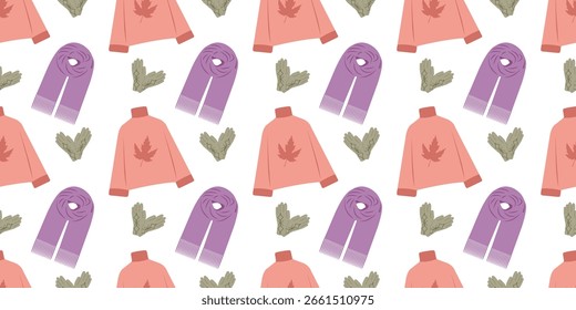 Ropa de otoño sin patrón con bufandas y suéteres en diseño plano. Ilustración vectorial de otoño para materiales creativos de marketing
