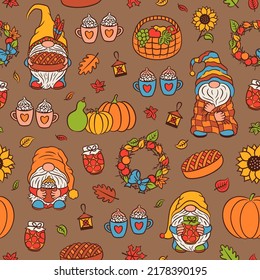 Fall coffee pattern with cute gnomes. Cozy time concept. Warm autumn hygge home. Cottagecore lifestyle. Simple living. Preserves making. Hot cocoa with marchmallows. Hygge theme. Cute repeat design.