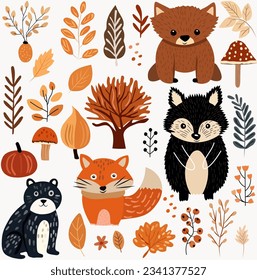 Fall collection, charming forest creatures autumn elements, adorable hedgehog, cute fox, bear, vibrant trees, fall leaves, mushrooms. Ideal for web, harvest fest, banners, cards, Thanksgiving.