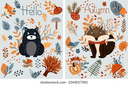 Fall collection, charming forest creatures autumn elements, cute bear, raccoon, vibrant trees, fall leaves, colorful mushrooms. Ideal for web, harvest fest, banners, cards, Thanksgiving