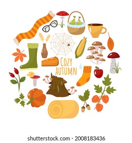 Fall collection, cozy autumn. Cartoon pictures of socks, scarf, pumpkin, latte, mushrooms, basket, boots, tree, spider web. The vector illustration is isolated, on a white background. For design