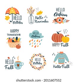 Fall collection with typographic design elements. Autumn wreath,  sweater, pumpkin, flowers. Hand drawn vector illustration