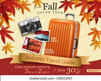 Fall color tour ads, autumn travel guide ads for travel agency or website with elegant maples frame and luggage, camera elements in in 3d illustration