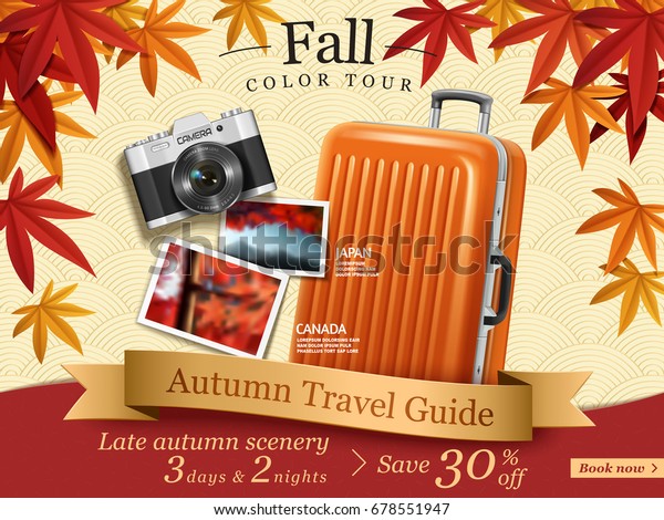 秋色のツアー広告 旅行代理店の秋色の旅行ガイド広告 エレガントな額縁と手荷物 3dイラストのカメラエレメント のベクター画像素材 ロイヤリティフリー