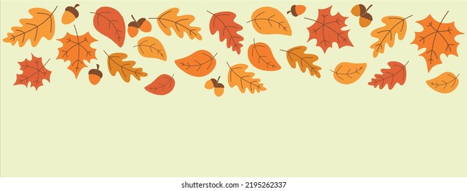 Fall of colorful autumn leaves and acorns. Autumn banner with yellow and orange leaves. Seasonal vector illustration.