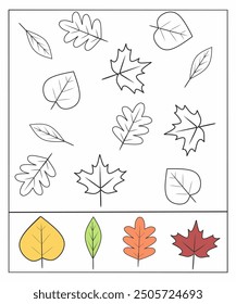 Fall coloring page for kids, follow the color guide activity, Autumn leaves coloring page for kids, leaf black and white outline, fall leaves coloring activity 