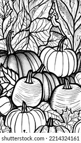 Fall coloring page, with fall leaves and pumpkins