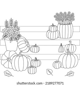 Fall coloring page with pumpkin. Black and white illustration of autumn season and decorations