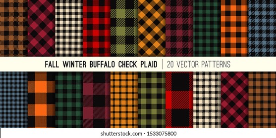 Fall Colors Buffalo Check Plaid Vector Patterns. Winter Fashion Lumberjack Flannel Shirt Fabric Textures. Repeating Pattern Tile Swatches Included.