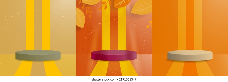 Fall colors studio backgrounds with 3d rendered podium for product display. Editable Vector Illustration. EPS 10.
