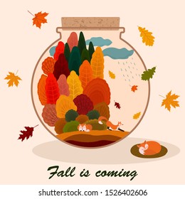 Fall is coming. Autumn forest in a jar. Design for greetinf card or invitation.
