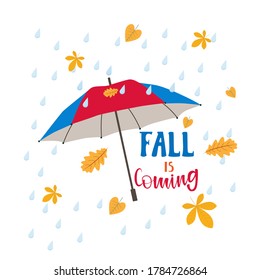 Fall is coming. Autumn time. Flat cartoon illustration isolated on white background.