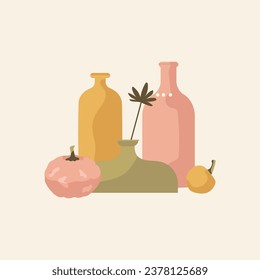 Fall Composition with pumpkins and vases vector. Autumn still life art. Thanksgiving Happy Halloween day card. Design for festival, harvest. Flat style illustration