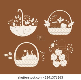 Fall composition set with flowers, fruits, baskets, pumpkin for harvest festival, invitation, banner, autumn events. Simple line vector illustrations.