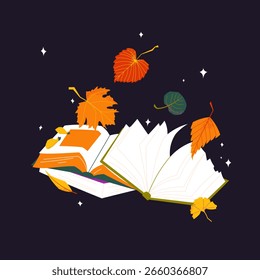 Fall concept with open books and autumn leaves. Hand drawn vector for cozy reading time, literature, back to school themes, or creative autumn stories