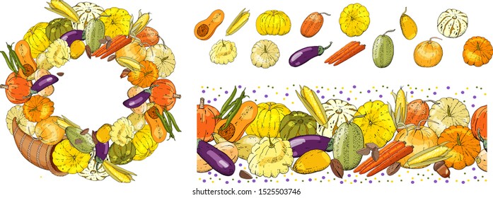 Fall cornucopia, vegetables and ripe pumpkins  isolated on white. Autumn background. Decorative seamless borders and seasonal frame for greeting, thanksgiving day, cartoon vector illustration