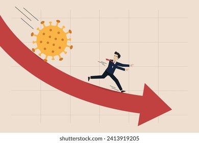 The fall of the coronavirus, companies going bankrupt due to debt due to the virus flu outbreak, businessmen in panic fleeing from the pursuit of the COVID-19 pathogen.