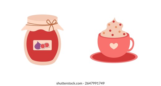 Queda vetor acolhedor conjunto com jarra de geleia e caneca de chocolate quente em estilo plano. Ilustração desenhada à mão no outono para banners, cartões, mídias sociais