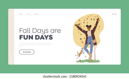 Fall Days Landing Page Template. Happy Black Teen Girl Spend Time with Pet Outdoors at Autumn Weather Throwing and Fun with Fallen Leaves. Young Female Character with Dog. Cartoon Vector Illustration