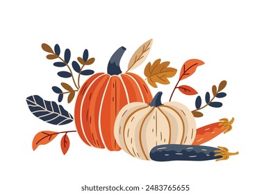 fall decor of pumpkins and leaves on white background, vector illustration