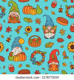 Fall design autumn gnomes harvest theme. Fun garden gnomes picking vegetables pumpkin, corn, gourd. Making preserves stocks. Preparing jam, home barery pie. Happy Thanksgiving theme.