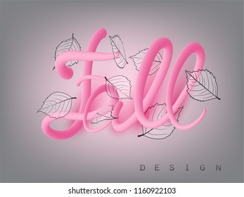 Fall design  banner with  falling leaves and volume pink letters. Vector illustration
