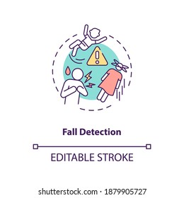 Icono de concepto de detección de caídas. Ilustración de la idea de monitoreo de estado en línea delgada. Función de seguridad. Sistema de alarma médica. Llamada de emergencia. Dibujo de color RGB con contorno aislado del vector. Trazo editable