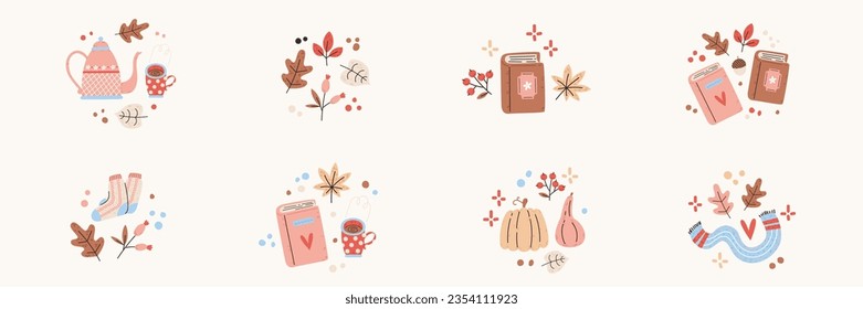 Colocación de stickers digitales de caída. Foto de un clip de temporada de otoño para el clima de suéter. Té acogedor, hojas de otoño, libros, calabazas, socos, bufanda. Ilustración del vector