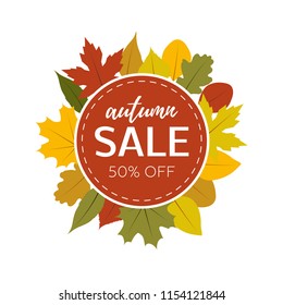 Fall discount flyer design. Autumn sale text. Vector illustration.