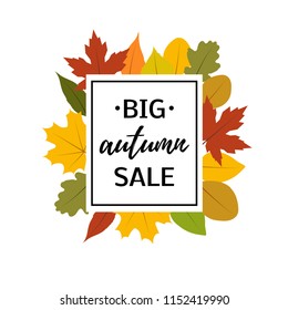 Fall discount flyer design. Big autumn sale text. Vector illustration.