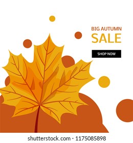 Fall discount web banner design with maple leaf. Big autumn sale text. Vector illustration.