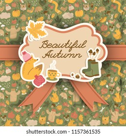 Fall doodle style background with seamless pattern design elements autumn images and decorative sticker with text vector illustration