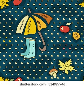 Fall doodle wallpaper. Autumn seamless pattern. Color sketch with maple and birch leaves, mushrooms, apples, umbrella and rubber boots on polka dot background. Hand drawn vector illustration.