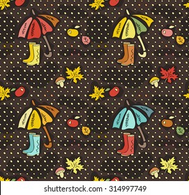Fall doodle wallpaper. Autumn seamless pattern. Color sketch with maple and birch leaves, mushrooms, apples, umbrella and rubber boots on polka dot background. Hand drawn vector illustration.
