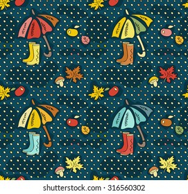 Fall doodle wallpaper. Autumn seamless pattern. Color sketch with maple and birch leaves, mushrooms, apples, umbrella and rubber boots on polka dot background. Hand drawn vector illustration.