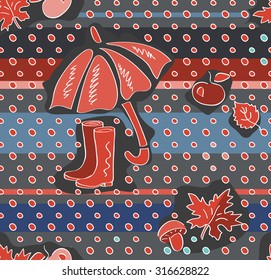Fall doodle wallpaper. Autumn seamless pattern. Color sketch with maple and birch leaves, mushrooms, apples, umbrella and rubber boots on polka dot background. Hand drawn vector illustration.