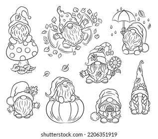 Fall doodles gnomes coloring book. Cute scandinavian gnome having autumn outdoor fun. Baby children illustration for coloring page. Nordic gnome sketch black and white illustration.