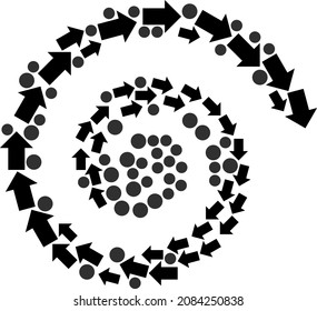 Composición de giro de la espiral del icono de flecha abajo. Los elementos de flecha hacia abajo se organizan en la ilustración vectorial de giro. El giro de abstracción se organiza a partir de símbolos de flecha de caída aleatoria.