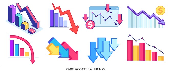 Fall down chart. Finance crisis, business problem and economy drop. Down arrow graph, loss and decrease income. Profit declining vector set. Crisis economy, arrow down, problem decrease illustration