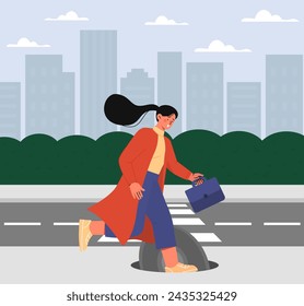 Fall down hatch concept. Woman walk at city street and faal inside sewerage. Accident and misfrtune, dangerous road. Trama and injury. Poster or banner. Cartoon flat vector illustration