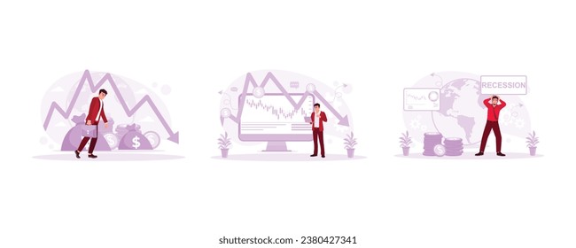 Fall of the economy, reduction of capital. Bankruptcy and stock decline. Recession sign on economic background. Economic Recession concept. set modern vector flat illustration