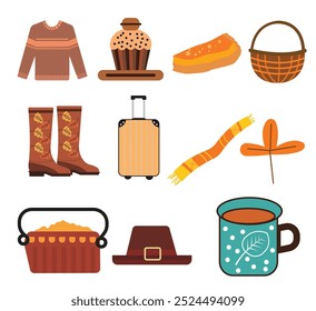 Fall element icon set. Cozy thanks giving scrapbooking illustration autumn seasonal elements design with white background.