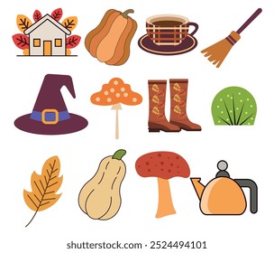 Fall element icon set. Cozy thanks giving scrapbooking illustration autumn seasonal elements design with white background.