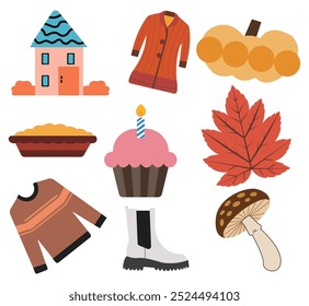 Fall element icon set. Cozy thanks giving scrapbooking illustration autumn seasonal elements design with white background.