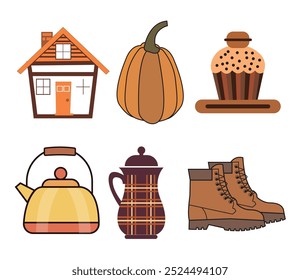 Fall element icon set. Cozy thanks giving scrapbooking illustration autumn seasonal elements design with white background.