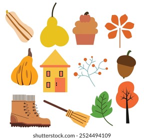 Fall element icon set. Cozy thanks giving scrapbooking illustration autumn seasonal elements design with white background.