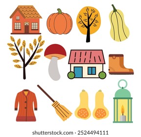 Fall element icon set. Cozy thanks giving scrapbooking illustration autumn seasonal elements design with white background.